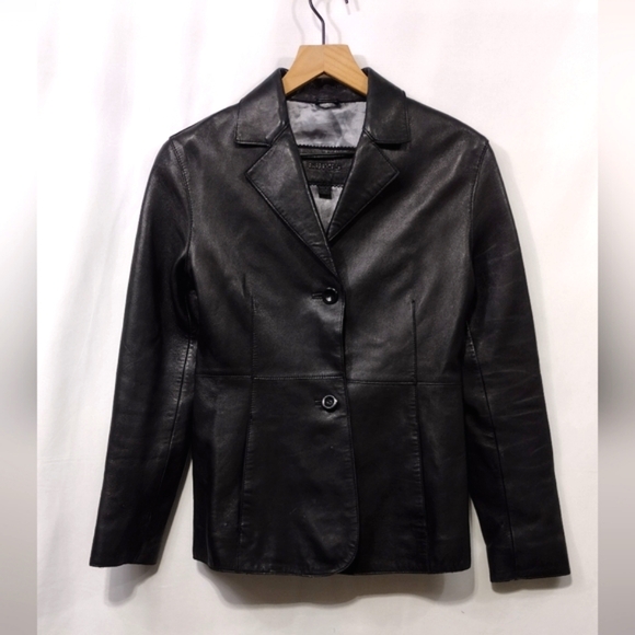 Vintage Guess 100% Leather Blazer Women's S Black Boho Retro 90s Y2K Office - Picture 1 of 11